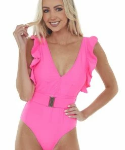 Davi & Dani Neon Pink Ruffle Strap Belted V Neck Swimsuit Accessories