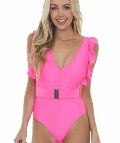 Davi & Dani Neon Pink Ruffle Strap Belted V Neck Swimsuit Accessories
