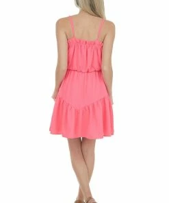Caramela Neon Pink Sleeveless Tiered Short Woven Dress