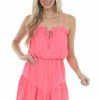 Caramela Neon Pink Sleeveless Tiered Short Woven Dress