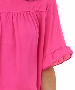 HESED Neon Pink Square Neck Ruffle Bell Sleeve Blouse Tops