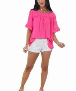 HESED Neon Pink Square Neck Ruffle Bell Sleeve Blouse Tops