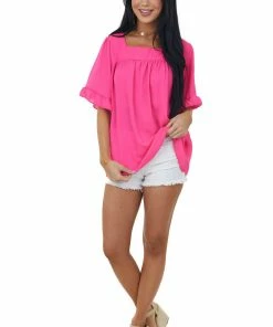 HESED Neon Pink Square Neck Ruffle Bell Sleeve Blouse Tops