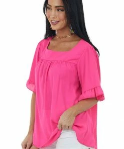 HESED Neon Pink Square Neck Ruffle Bell Sleeve Blouse Tops