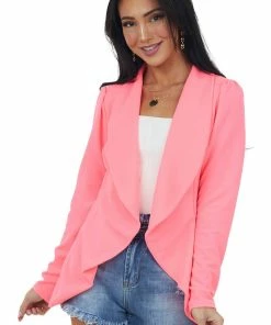 HEIMISH Neon Pink Textured Draped Lapel Open Blazer Outerwear