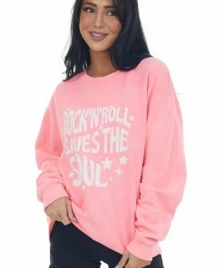 Sweet Claire Tops Neon Pink'Rock N Roll' Graphic Sweatshirt