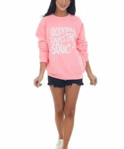 Sweet Claire Tops Neon Pink 'Rock N Roll' Graphic Sweatshirt