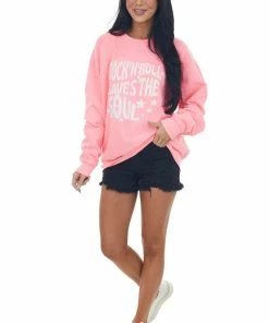 Sweet Claire Tops Neon Pink 'Rock N Roll' Graphic Sweatshirt