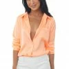 Skies Are Blue Neon Salmon Long Sleeve Button Down Satin Blouse Tops