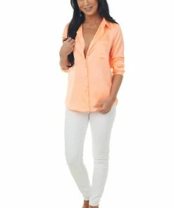 Skies Are Blue Neon Salmon Long Sleeve Button Down Satin Blouse Tops