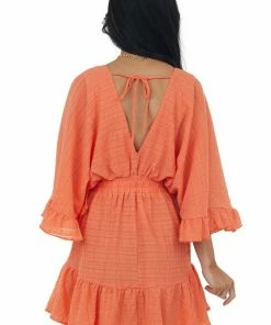 Glam Dresses Neon Salmon Surplice Kimono Sleeves Mini Dress
