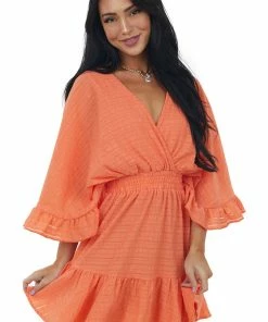 Glam Dresses Neon Salmon Surplice Kimono Sleeves Mini Dress