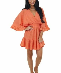 Glam Dresses Neon Salmon Surplice Kimono Sleeves Mini Dress