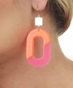 WALL TO WALL Neon Coral And Fuchsia Acrylic Oval Earrings Accessories