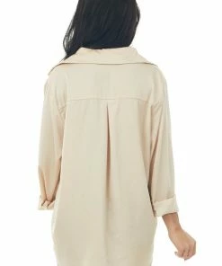 FSL APPAREL Tops Nude Button Up Chest Pocket Satin Blouse