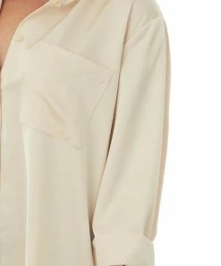 FSL APPAREL Tops Nude Button Up Chest Pocket Satin Blouse