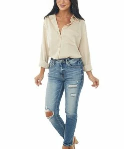 FSL APPAREL Tops Nude Button Up Chest Pocket Satin Blouse