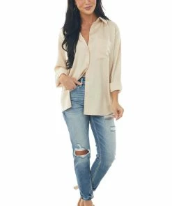 FSL APPAREL Tops Nude Button Up Chest Pocket Satin Blouse