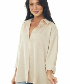 FSL APPAREL Tops Nude Button Up Chest Pocket Satin Blouse