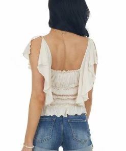 143 Story Nude Frill Ruched Flutter Sleeve Bodysuit Tops