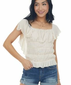 143 Story Nude Frill Ruched Flutter Sleeve Bodysuit Tops