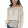 SugarFox Nude Jacquard Off Shoulder Smocked Peplum Top Tops 1 SugarFox Nude Jacquard Off Shoulder Smocked Peplum Top Tops