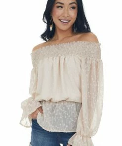 SugarFox Nude Jacquard Off Shoulder Smocked Peplum Top Tops