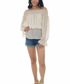 SugarFox Nude Jacquard Off Shoulder Smocked Peplum Top Tops