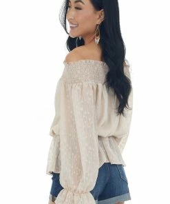SugarFox Nude Jacquard Off Shoulder Smocked Peplum Top Tops