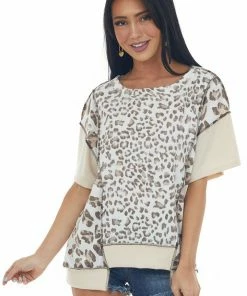 BiBi Nude Leopard Print Colorblock Short Sleeve Top Tops