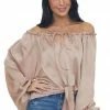 Peach Love Beige Notch Neck Front Tie Loose Satin Blouse