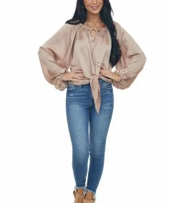 Peach Love Beige Notch Neck Front Tie Loose Satin Blouse