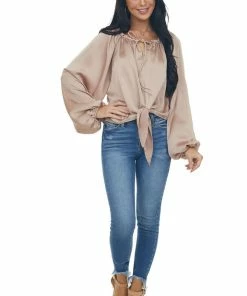 Peach Love Beige Notch Neck Front Tie Loose Satin Blouse
