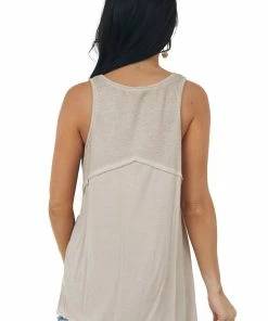 POL Clothing Tops Nude Ribbed Yoke Button Detail Knit Tank Top