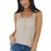POL Clothing Tops Nude Ribbed Yoke Button Detail Knit Tank Top