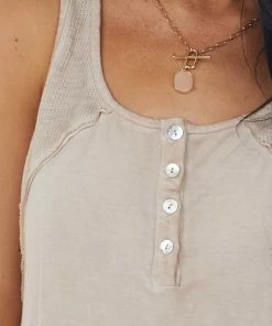 POL Clothing Tops Nude Ribbed Yoke Button Detail Knit Tank Top