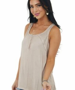 POL Clothing Tops Nude Ribbed Yoke Button Detail Knit Tank Top