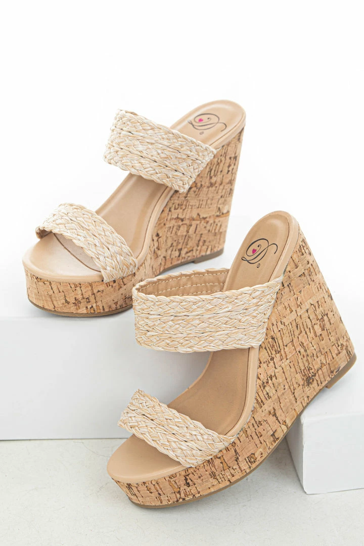 FORTUNE DYNAMIC Shoes Nude Braided Straw Faux Wood Platform Wedges 8 FORTUNE DYNAMIC Shoes Nude Braided Straw Faux Wood Platform Wedges