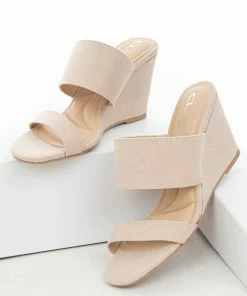 Chinese Laundry Shoes Nude Double Strap Slip On Cushioned Wedges
