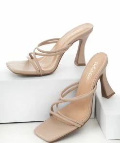 Let's See Style Nude Pleather Square Toe Strappy Spool Heels