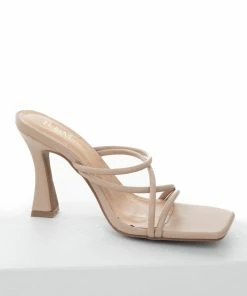 Let's See Style Nude Pleather Square Toe Strappy Spool Heels
