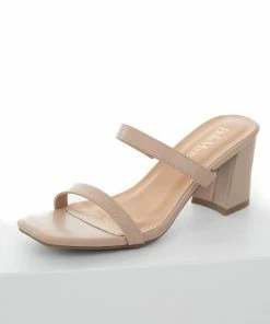 Let's See Style Shoes Nude Square Toe Double Strap Slip On Heels