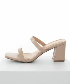 Let's See Style Shoes Nude Square Toe Double Strap Slip On Heels
