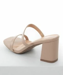 Let's See Style Shoes Nude Square Toe Double Strap Slip On Heels