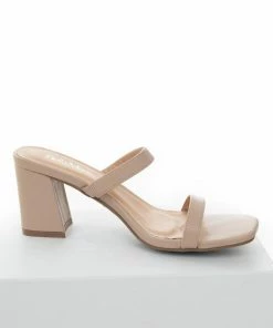 Let's See Style Shoes Nude Square Toe Double Strap Slip On Heels