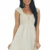Umgee Oatmeal Cap Sleeve Textured Woven Mini Dress