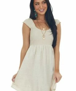 Umgee Oatmeal Cap Sleeve Textured Woven Mini Dress