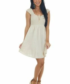 Umgee Oatmeal Cap Sleeve Textured Woven Mini Dress