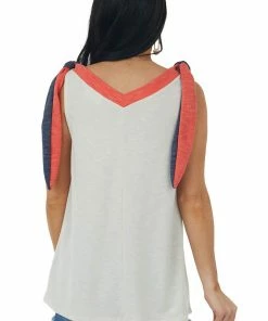 SugarFox Oatmeal Chevron Colorblock Tie Strap V Neck Top Tops