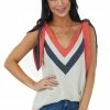 SugarFox Oatmeal Chevron Colorblock Tie Strap V Neck Top Tops